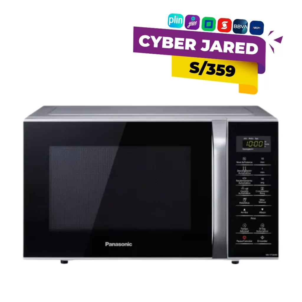 Horno microondas Panasonic NN-SB34HMRPK de 25 litros, color plateado (silver), con puerta de apertura lateral y panel de control digital.