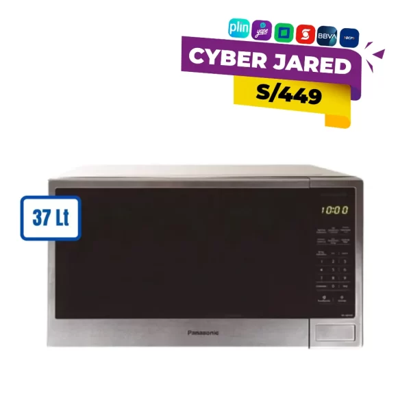 Horno microondas Panasonic NN-SB646SRPK de 37 litros, de color plateado o negro, con panel de control digital y puerta con ventana.