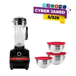 Combo de electrodomésticos Finezza que incluye una licuadora de jarra con control de perilla y un set de bowls de cocina de color rojo.