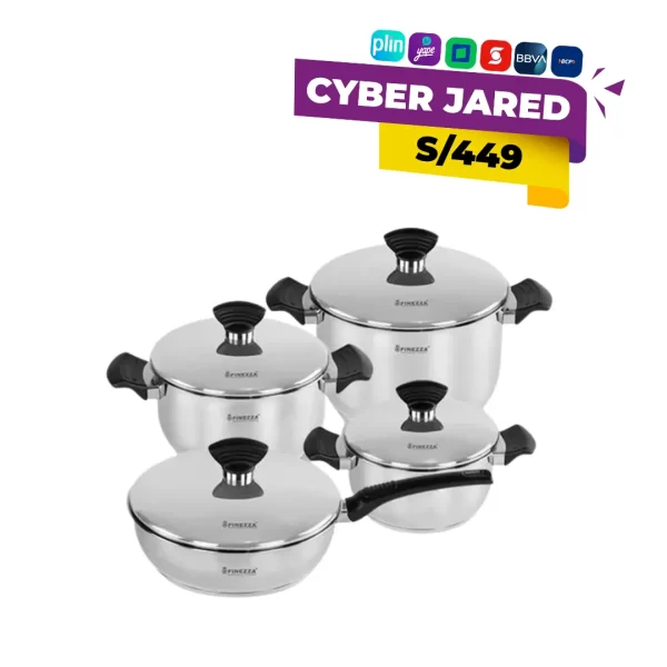 Juego de ollas Finezza FZ-1004TS-IN de 8 piezas en acero inoxidable con tapas de vidrio templado y asas termorresistentes.