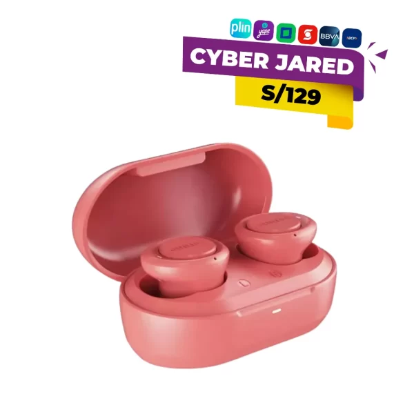 Par de audífonos intrauditivos True Wireless Philips TAT1215RD de color rojo intenso, junto a su estuche de carga compacto y ergonómico.