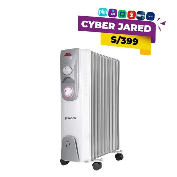 Termoradiador IMACO de 11 celdas color blanco modelo OFR11AO, calefactor eléctrico silencioso con control de temperatura ajustable.
