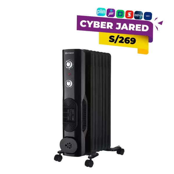 Termoradiador Imaco de 7 celdas color negro modelo OFR7NK, calefactor eléctrico con control de temperatura ajustable y ruedas de transporte.