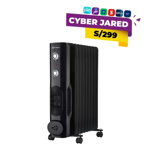 Termoradiador Imaco de 9 celdas color negro modelo OFR9NK, calefactor eléctrico con control de temperatura ajustable y ruedas para fácil traslado.