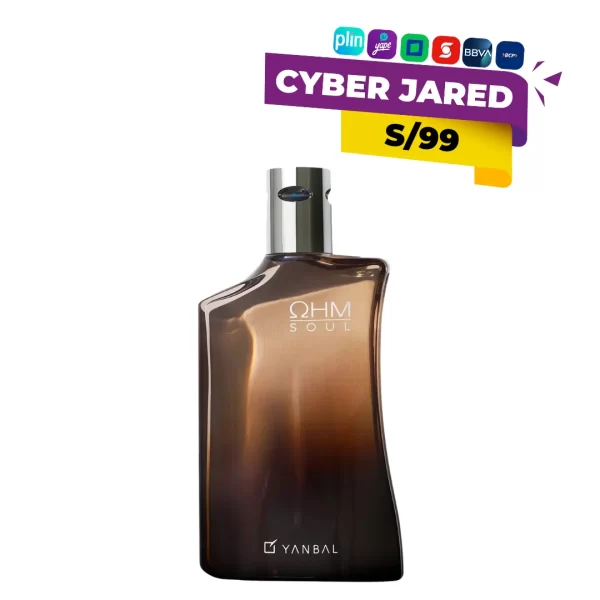 Frasco de perfume Yanbal OHM Soul Parfum, de diseño elegante y robusto, con tapa distintiva, ideal para fragancia masculina de alta concentración.