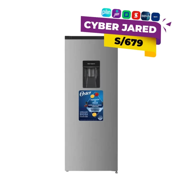 Refrigeradora Oster OS-PDF178SSD Frost de 175 litros color plateado con congelador superior y bandejas de vidrio templado