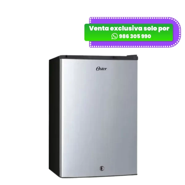 Frigobar (mini refrigeradora) Oster OS-PMB129BV de 122 litros, color plateado, con puerta frontal y compartimiento para congelador.