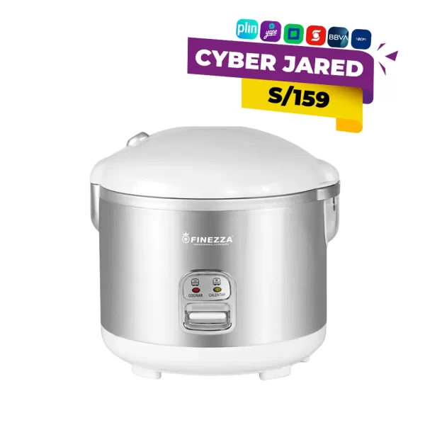 Olla arrocera eléctrica Finezza FZ-642R de 1.8 litros, color blanco o plateado, con tapa de vidrio y funciones de cocción y mantenimiento de calor.