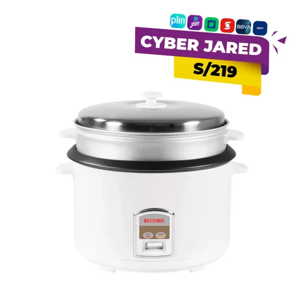 Olla arrocera eléctrica Record REC-CLOMBL de 4 litros, color blanco, con recipiente antiadherente interno y funciones de cocción y mantenimiento de calor.