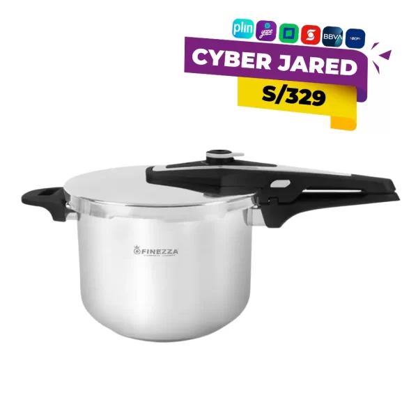 Olla a presión Finezza FZ-608AC-IN de 6 litros, hecha de acero inoxidable, con tapa de cierre hermético y válvulas de seguridad.