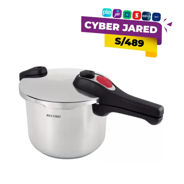 Olla a presión Record de 8 litros, fabricada en acero inoxidable, con tapa de seguridad, válvula de liberación de presión y asas laterales.