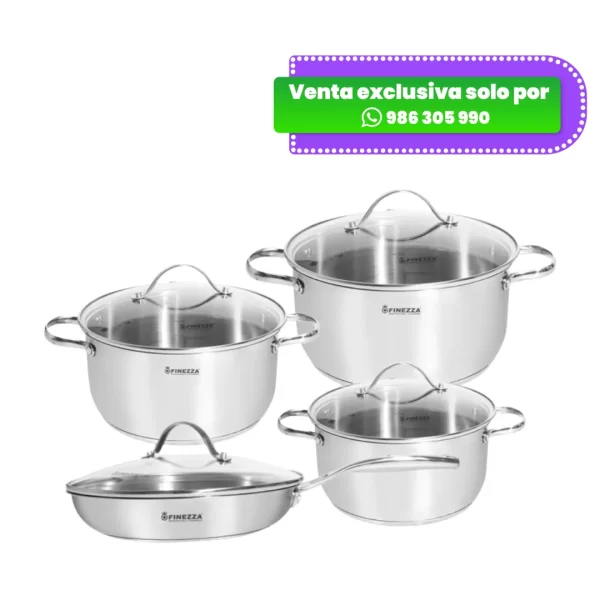Set de 8 piezas de ollas y cacerolas Finezza FZ-978AE-IN de acero inoxidable, incluyendo ollas de varios tamaños, cacerolas y tapas de vidrio.