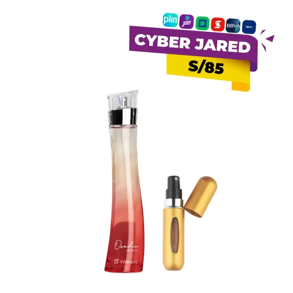 Frasco de perfume Yanbal Osadía Eau De Parfum, con diseño elegante y, al lado, un pequeño atomizador o vaporizador de viaje.