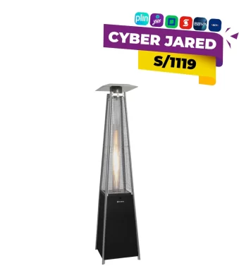 Calentador de patio Imaco PHP1300, de diseño vertical o tipo hongo, color metálico o negro, con rejilla de seguridad en la parte superior.