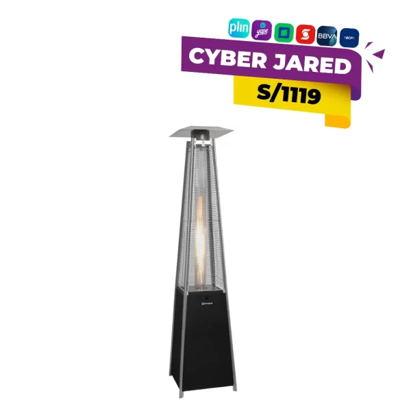 Calentador de patio Imaco PHP1300, de diseño vertical o tipo hongo, color metálico o negro, con rejilla de seguridad en la parte superior.