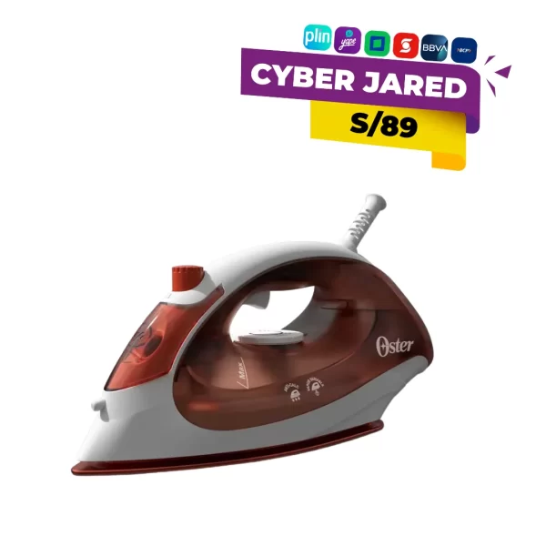 Plancha de vapor eléctrica Oster GCSTBS5004, con base antiadherente, depósito de agua y dial para control de temperatura.