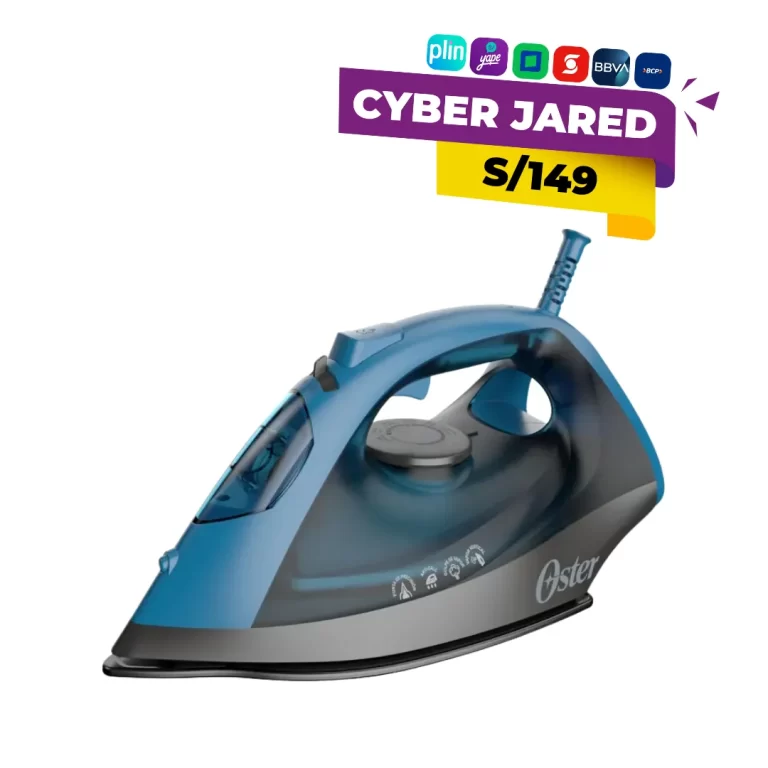 Plancha de vapor Oster GCSTBS6052 de color azul, con suela de cerámica antiadherente, depósito de agua y selector de temperatura.