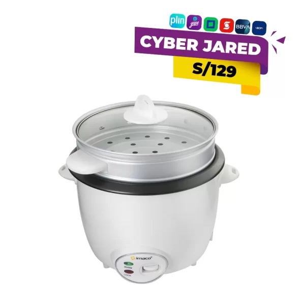 Olla arrocera Imaco RC15VE de 1.5 litros, color blanco, con la bandeja vaporera incluida sobre el tazón de cocción y tapa de vidrio.