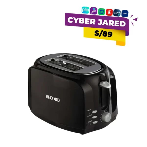 Tostadora eléctrica de pan Record REC-CLTENE101, de dos ranuras, 600W de potencia, con carcasa blanca o plateada y selector de nivel de tostado.