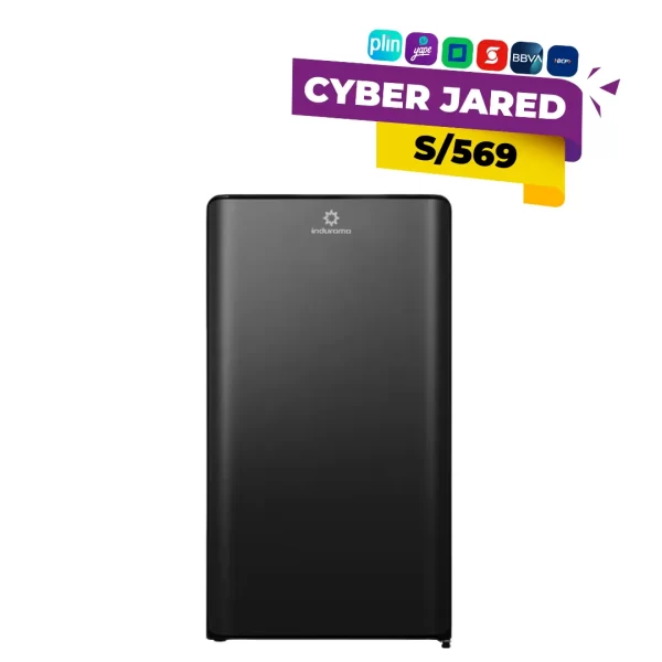 Frigobar o mini-refrigerador Indurama RI-109N, de 90 litros de capacidad, color negro, con puerta frontal y compartimento de congelador.