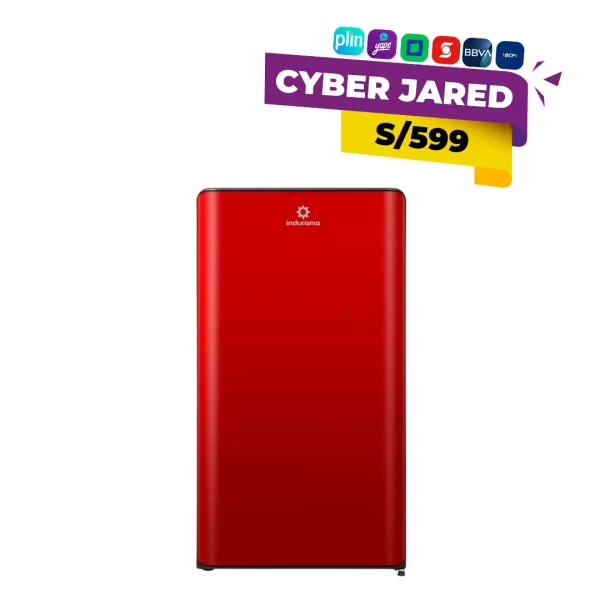 Frigobar o mini-refrigerador Indurama RI-109R, de 90 litros de capacidad, color rojo, con puerta frontal y congelador interno.