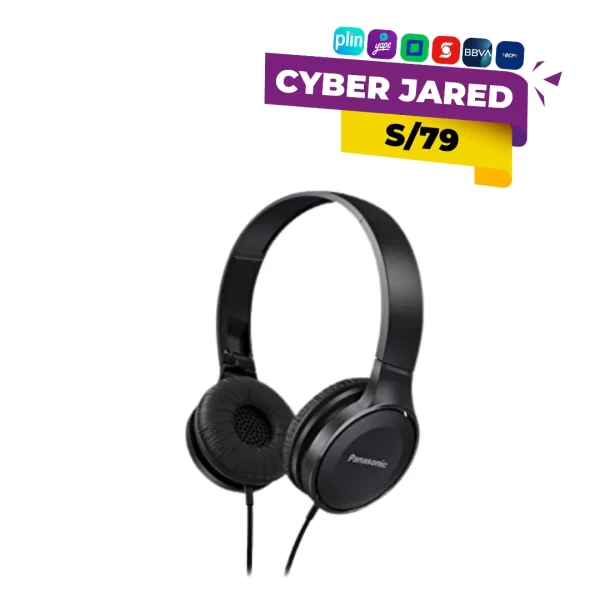 Audífonos estéreo de diadema Panasonic RP-HF500E-K, color negro, mostrando el diseño "on-ear" y el acabado en aluminio mate en las copas.