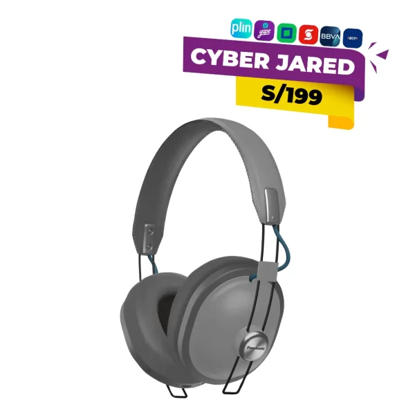 Audífonos de diadema over-ear inalámbricos Panasonic RP-HTX80BPPH, de diseño retro y color gris mate, con almohadillas suaves y banda metálica ajustable.