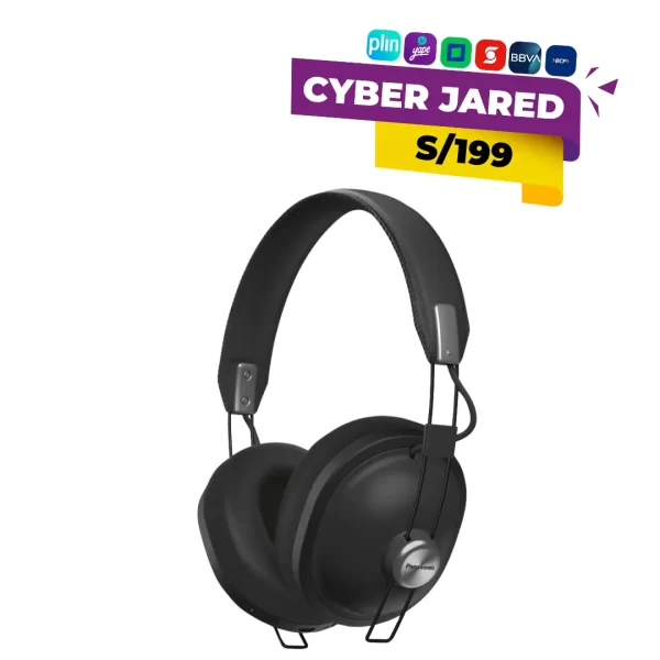 Audífonos de diadema over-ear inalámbricos Panasonic RP-HTX80BPPK, de diseño retro y color negro mate, con almohadillas acolchadas y diadema ajustable.