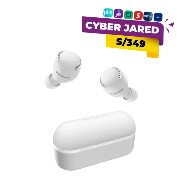 Audífonos True Wireless (totalmente inalámbricos) Panasonic RZ-S500W, de color blanco, con micrófono incorporado y estuche de carga.
