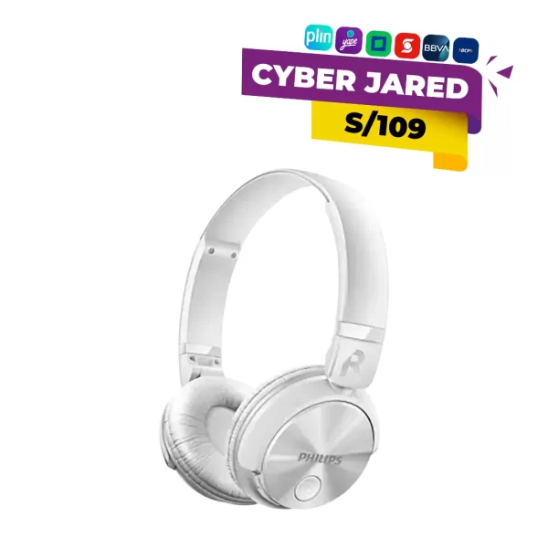 Audífonos inalámbricos supraaurales (on-ear) Philips SHB3060WT/00, color blanco, con almohadillas suaves y diseño plegable.