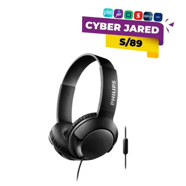 Audífonos supraaurales (on-ear) Philips SHL3075, de color negro mate, con cable, diadema ajustable y almohadillas acolchadas.