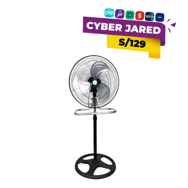 Ventilador eléctrico de pedestal Sky Cool SMX-510VI, de 18 pulgadas de diámetro, color blanco, con base redonda y altura telescópica.