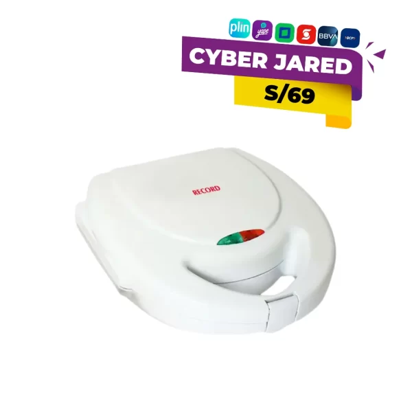 Sandwichera eléctrica Record REC-CLSBL100 para dos sándwiches, color blanco, con cierre de seguridad y luces indicadoras de funcionamiento.