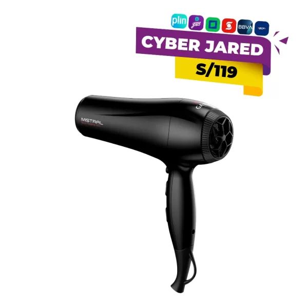 Secadora de cabello profesional Gama Mistral Tourmaline, color negro o gris, con boquilla concentradora y tecnología de iones y calor por turmalina.