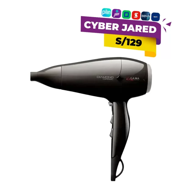 Secadora de cabello profesional Gama Diamond Ceramic, color negro/gris, con alta potencia (2300W), boquilla concentradora y diseño ergonómico.