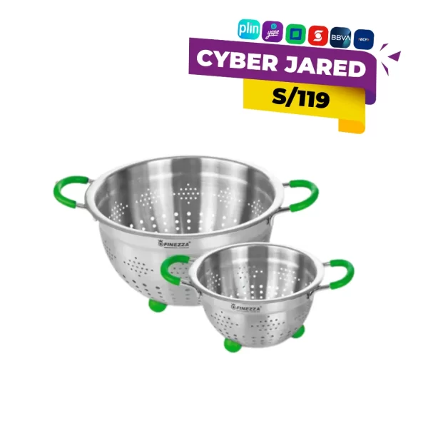 Set de 3 coladores Finezza FZ-201B, de diferentes tamaños, con malla de metal fino y asas de agarre.