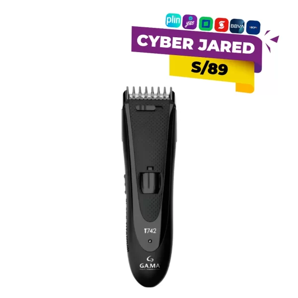 Máquina cortadora de cabello Gama Titanium T742, color negro, con cuchillas recubiertas de titanio y palanca de ajuste.