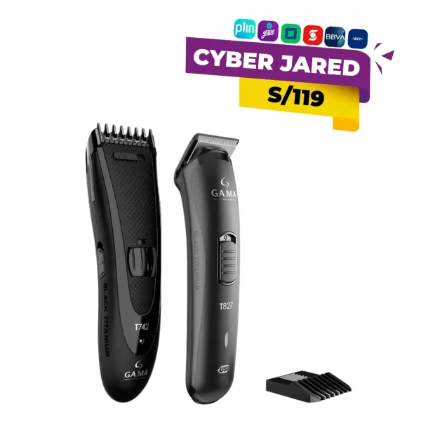 Kit de afeitado y recorte GAMA Titanium T747, que incluye una máquina principal (clipper), varios cabezales intercambiables (para barba, nariz, precisión) y accesorios.