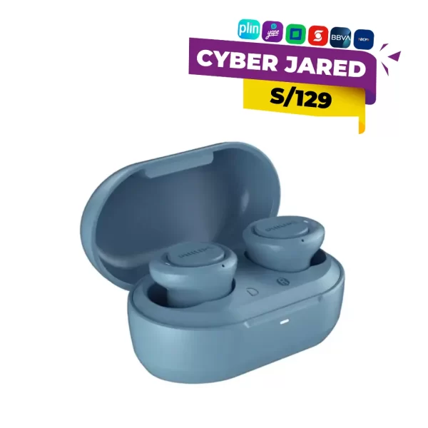 Par de audífonos intrauditivos True Wireless Philips TAT1215BL de color azul vibrante, junto a su estuche de carga compacto con indicador LED.
