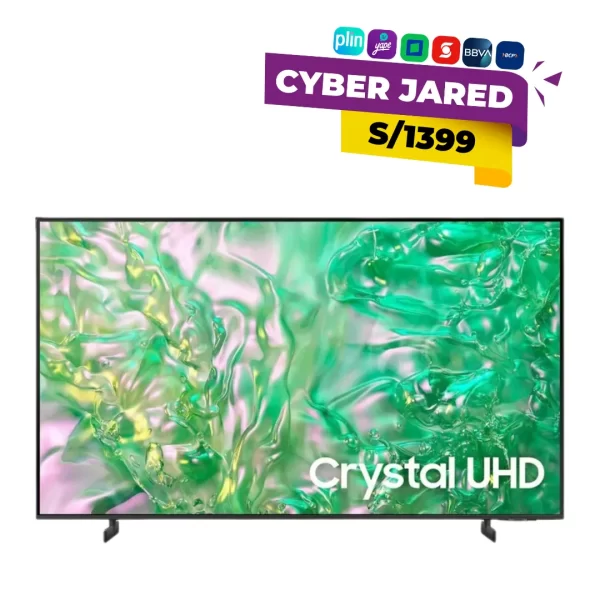 Televisor Samsung Smart TV DU8000 de 55 pulgadas, con pantalla Crystal UHD 4K, diseño sin bordes y soporte de pedestal.