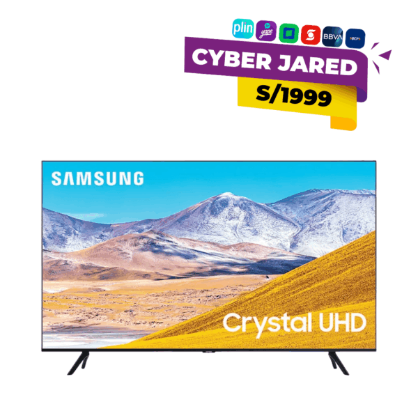 Televisor Samsung Smart TV UN65DU8000G de 65 pulgadas, con tecnología Crystal UHD 4K, diseño delgado (AirSlim) y base de soporte.