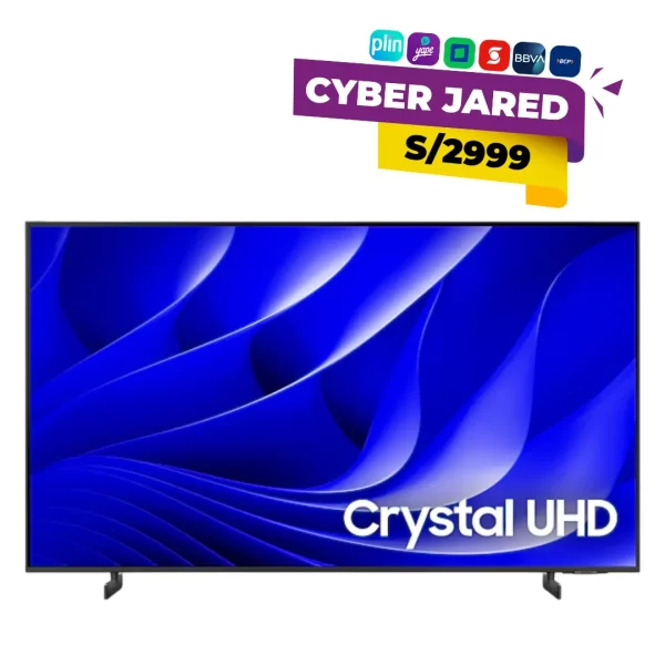Televisor Samsung 75DU8000 Crystal UHD 4K de 75 pulgadas con pantalla plana, biseles mínimos y base (central o lateral), mostrando una imagen de alta definición.