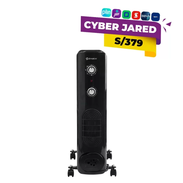 Radiador eléctrico de aceite Imaco OFR11NK de 11 celdas o aletas, de color negro, con termostato, ruedas y asa para fácil transporte.