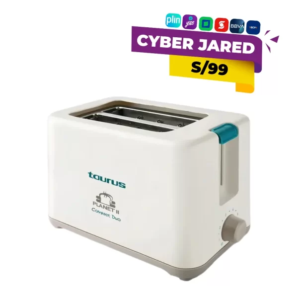 Tostadora de ranuras Taurus Planet II, de 750W, color blanco, con dos ranuras anchas y bandeja recogemigas.