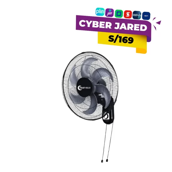 Ventilador eléctrico de pared Trevely VT-182, de 18 pulgadas de diámetro, con rejilla, motor y control de velocidades por cadena o perilla.