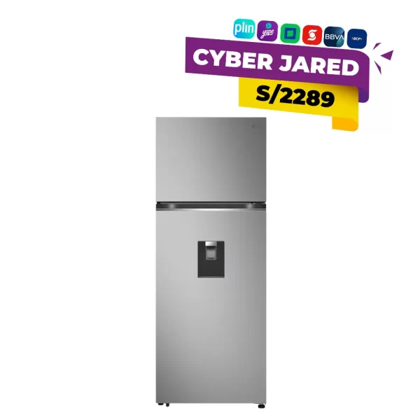 Refrigeradora de doble puerta (congelador superior) LG VT45KPYC de 459 litros, color plateado o Inox, con tecnología Door Cooling+ y manijas visibles.