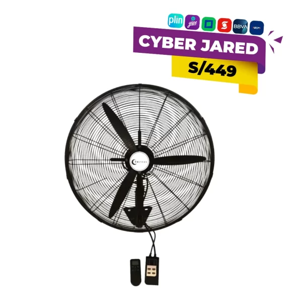 Ventilador industrial de pared Trevely VT-27C de gran diámetro, con rejilla metálica, potente motor y un soporte para montaje en pared.