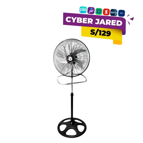 Ventilador eléctrico Fujitec CF-187 de 18 pulgadas, de color negro, con rejilla protectora y sistema convertible 3 en 1 para uso en piso, pared o pedestal.