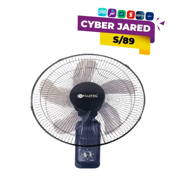 Ventilador eléctrico de pared Fujitec CF-40C de 16 pulgadas, con 3 velocidades, rejilla protectora y control de cuerda para encendido y ajustes.