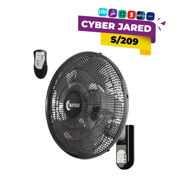 Ventilador eléctrico de pared Trevely VT-186 de 18 pulgadas de diámetro, con rejilla protectora, panel de control en el cuerpo y control remoto.